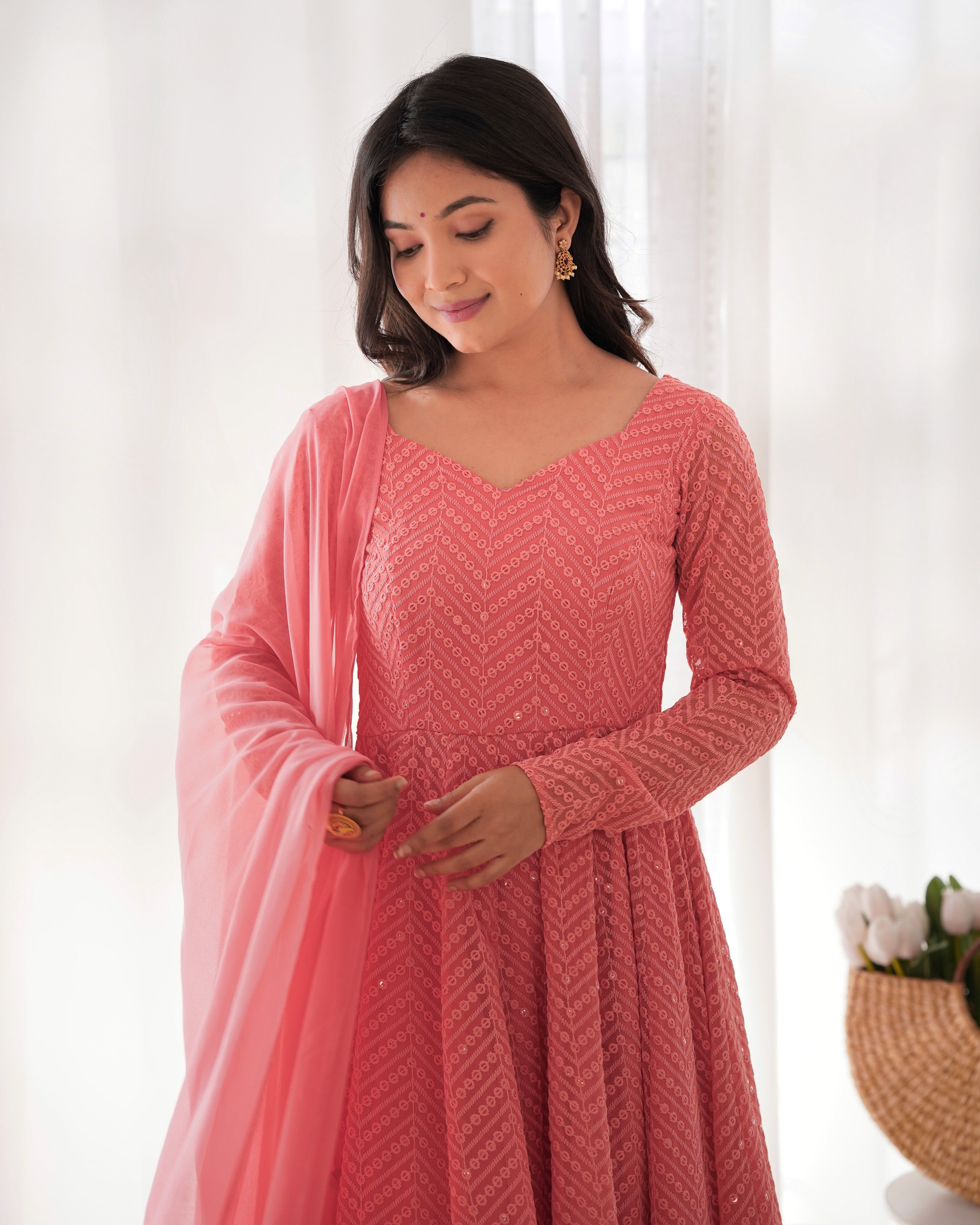 Lorenvalley Peach Faux Georgette Lukhnowi Sequence Work Anarkali Kurta Pant With Dupatta Set