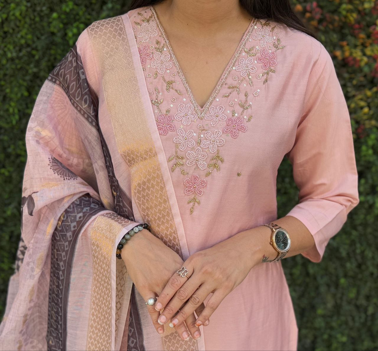Lorenvalley Fashion Peach Roman Silk Hand Work Kurta Pant with Dupatta