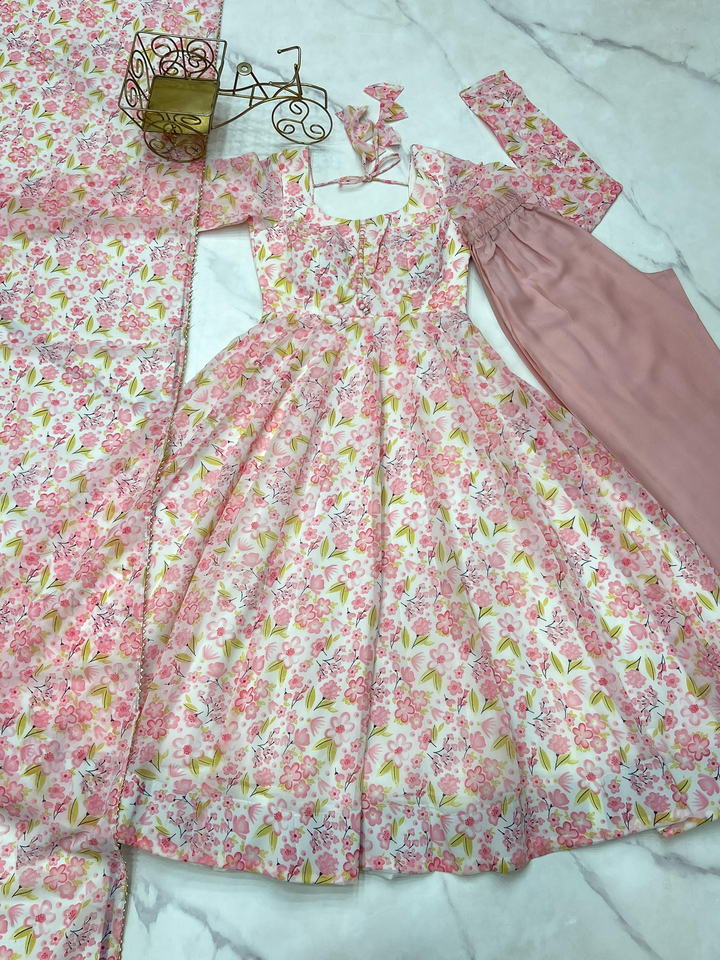 Lorenvalley Peach Soft Organza Silk With Floral Print Fully Flared Anarkali Pant With Dupatta Set