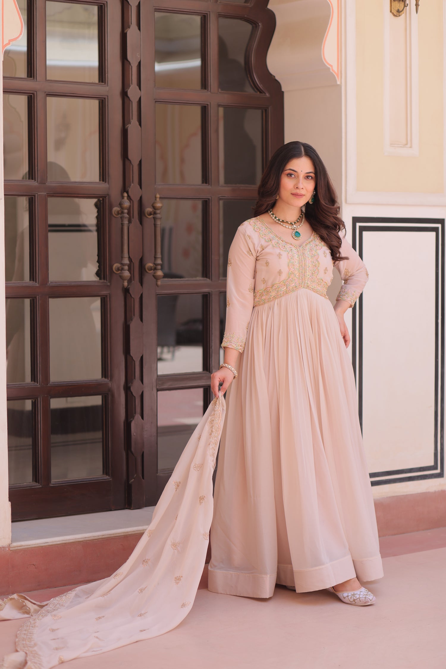 Lorenvalley Fashion Peach Star Georgette with Beads & Sequins Multi Embroidered work Anarkali Gown with Dupatta