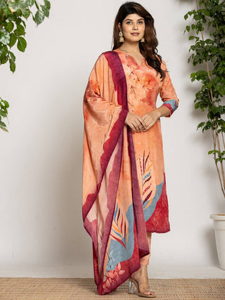 Yufta Peach Pure Crepe Placement Print Kurta Dupatta Set - Distacart