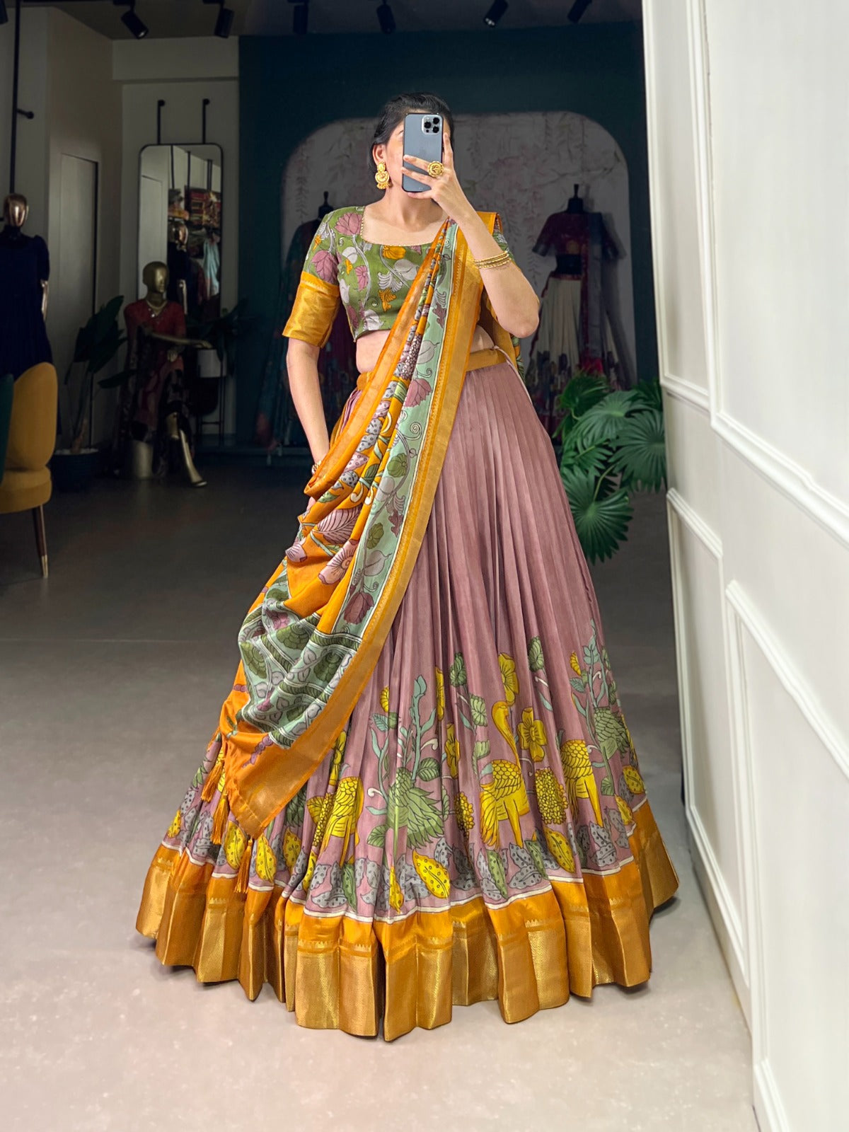 Lorenvalley Peach Dola Silk and Jacquard Silk Printed (Kalamkari) With Zari Weaving Border Lehenga Choli - Distacart