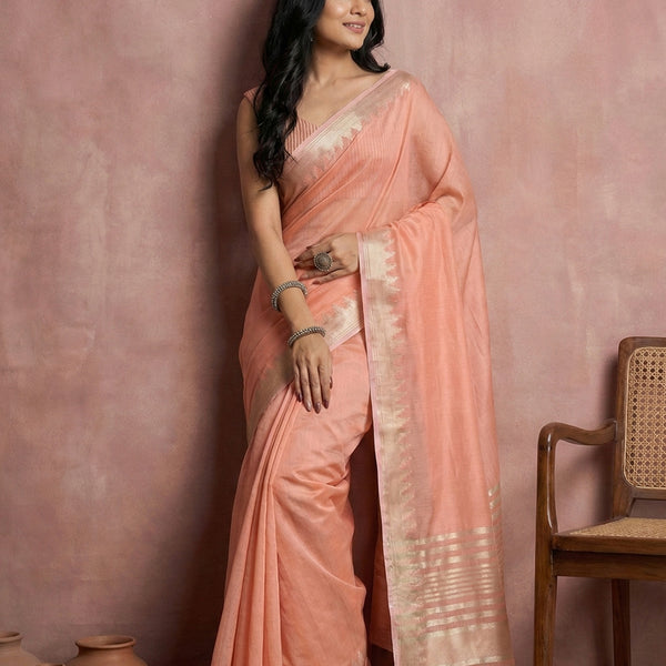 Anaita Peach Cotton Saree With Blouse - Distacart