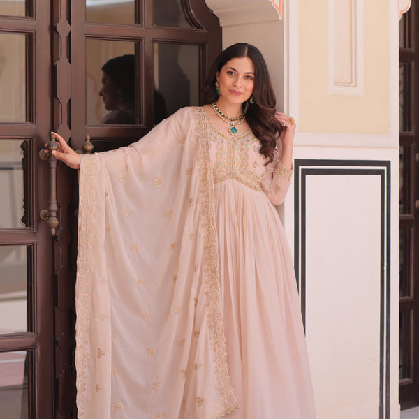 Lorenvalley Fashion Peach Star Georgette with Beads & Sequins Multi Embroidered work Anarkali Gown with Dupatta