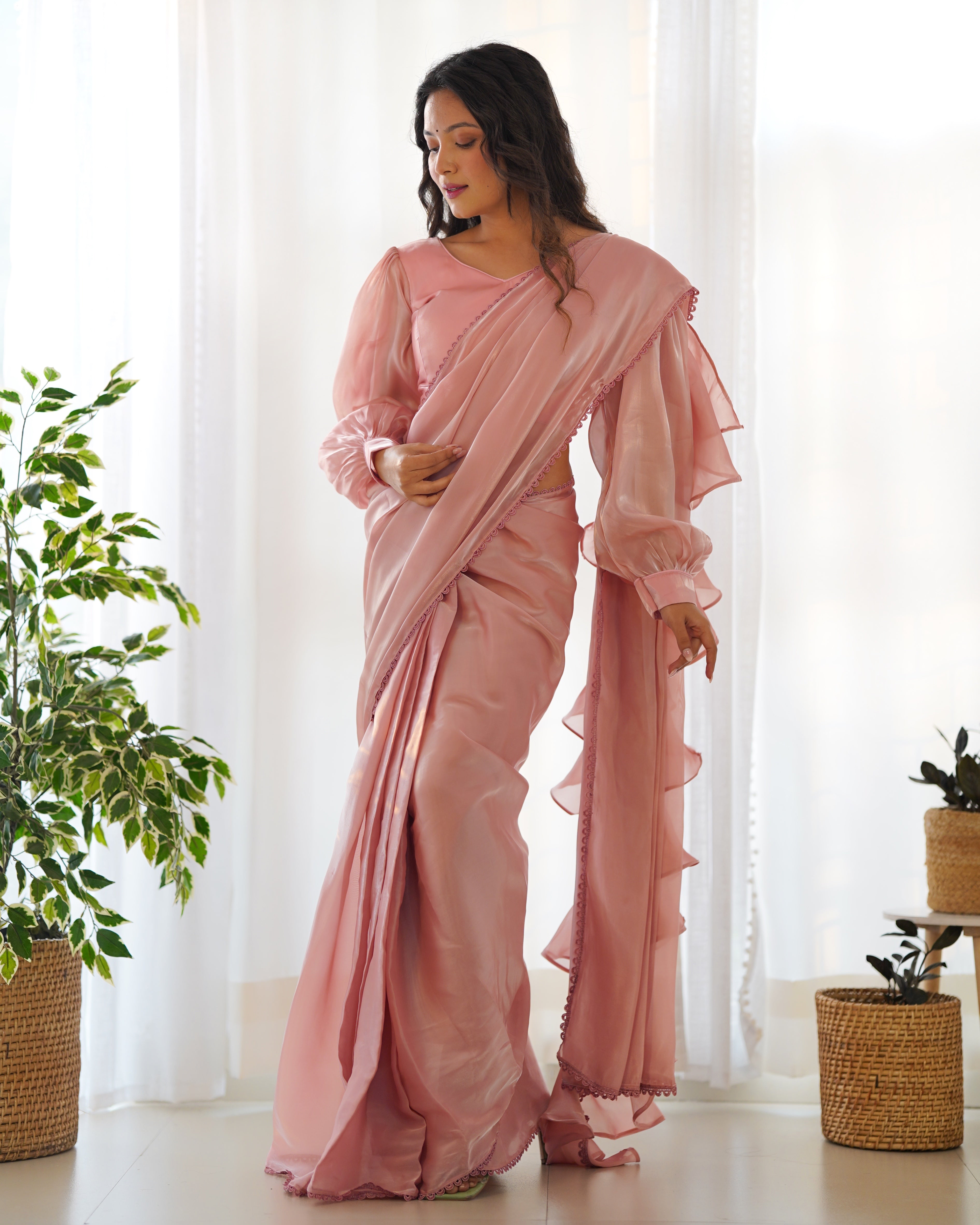 Lorenvalley Ready to wear Jimmy Choo Organza Fabric Border Lace Work Predrapped Saree - Distacart
