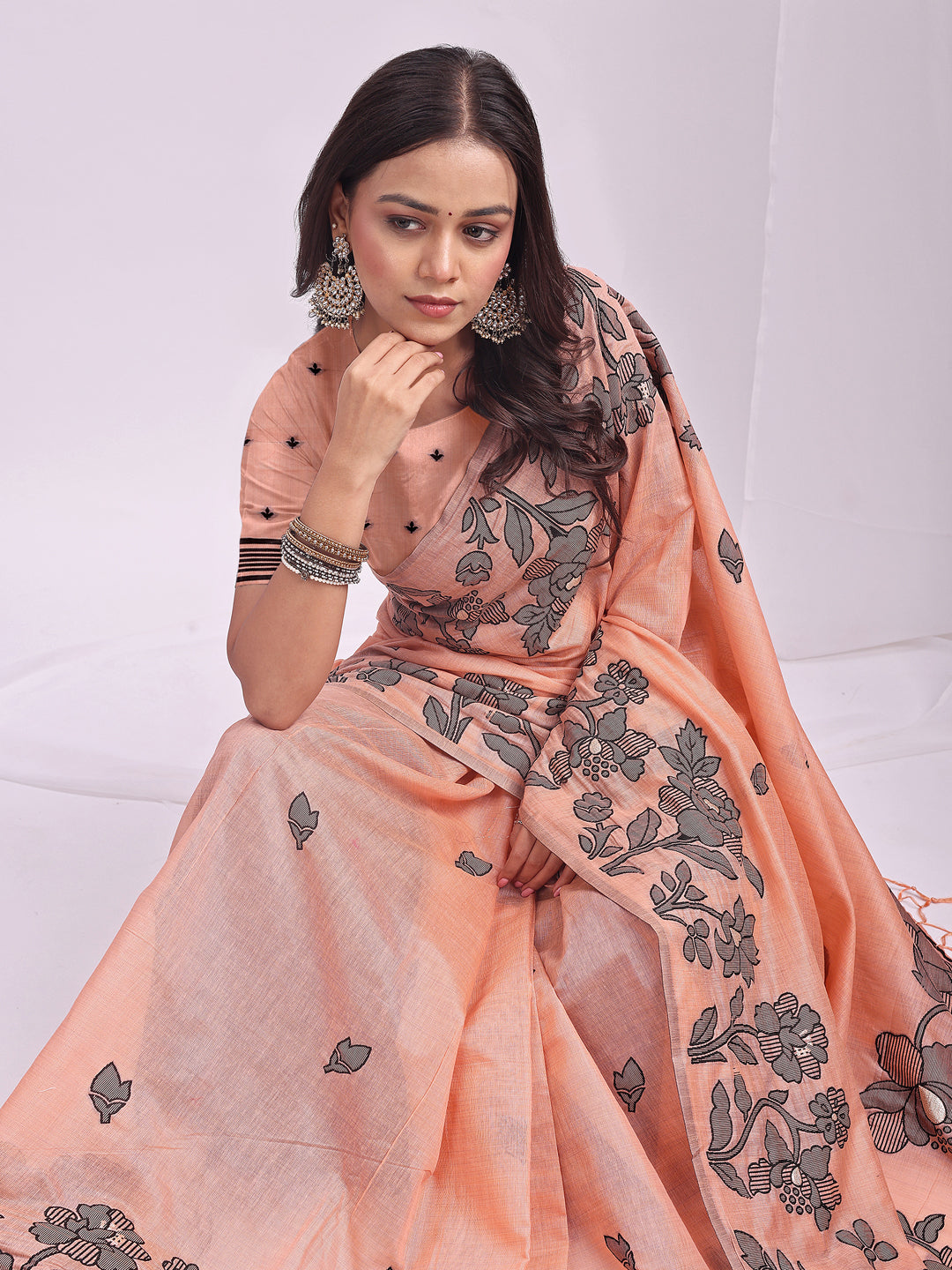 Anaita Peach Linen Printed Saree With Blouse - Distacart