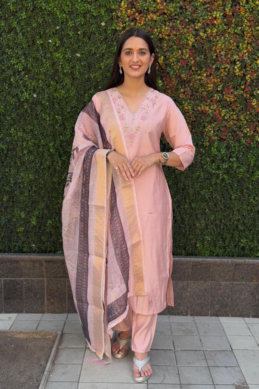 Lorenvalley Fashion Peach Roman Silk Hand Work Kurta Pant with Dupatta