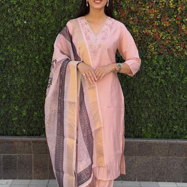 Lorenvalley Fashion Peach Roman Silk Hand Work Kurta Pant with Dupatta