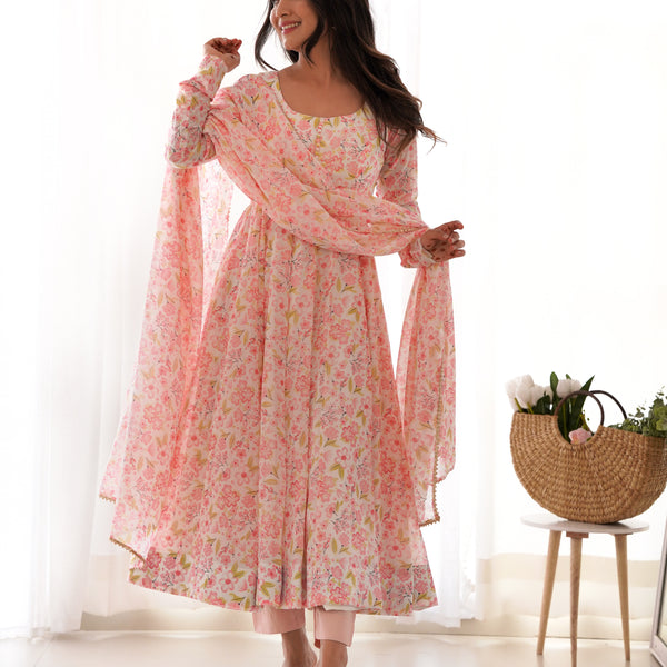Lorenvalley Peach Soft Organza Silk With Floral Print Fully Flared Anarkali Pant With Dupatta Set - Distacart