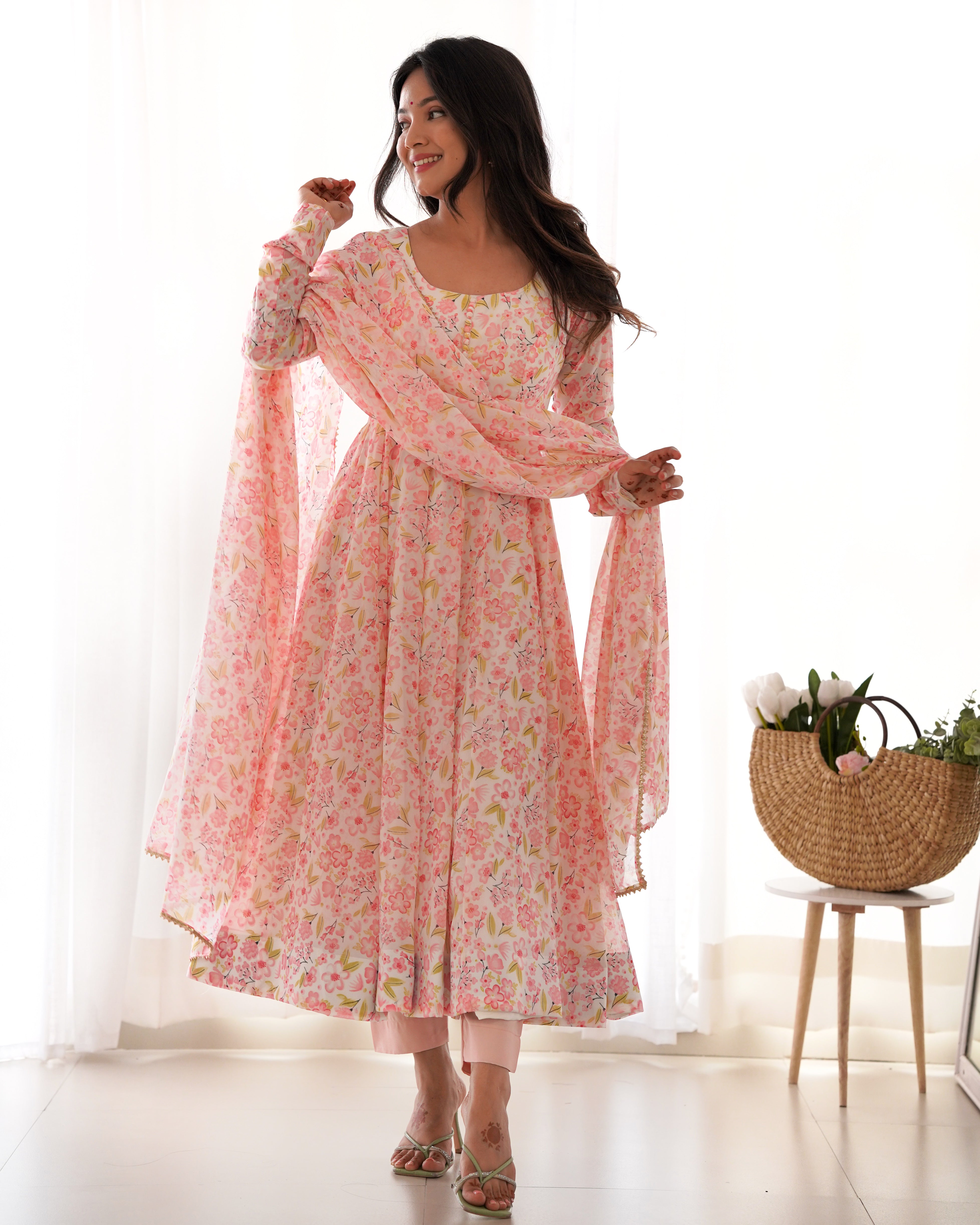 Lorenvalley Peach Soft Organza Silk With Floral Print Fully Flared Anarkali Pant With Dupatta Set - Distacart
