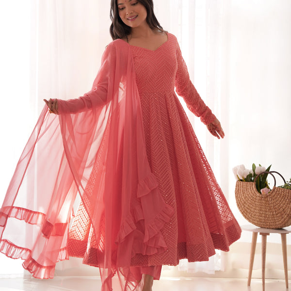 Lorenvalley Peach Faux Georgette Lukhnowi Sequence Work Anarkali Kurta Pant With Dupatta Set - Distacart