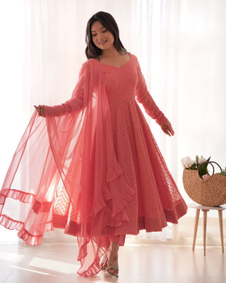 Lorenvalley Peach Faux Georgette Lukhnowi Sequence Work Anarkali Kurta Pant With Dupatta Set