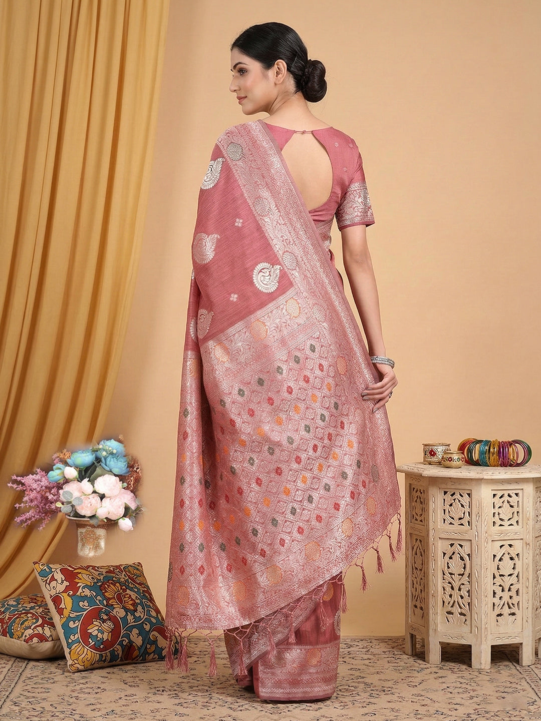 Anaita Peach Linen Woven Work Saree With Blouse - Distacart