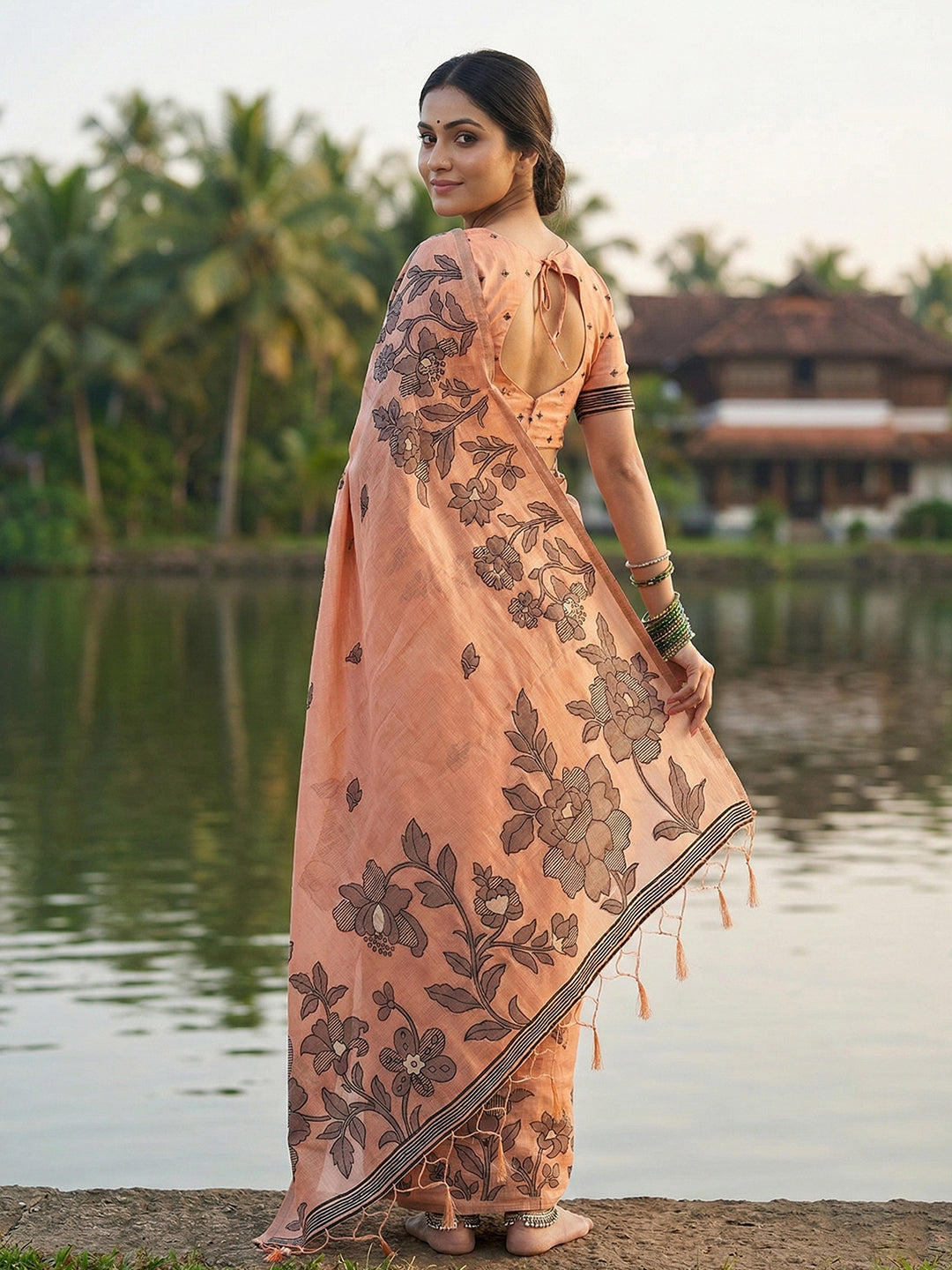 Anaita Peach Linen Printed Saree With Blouse - Distacart