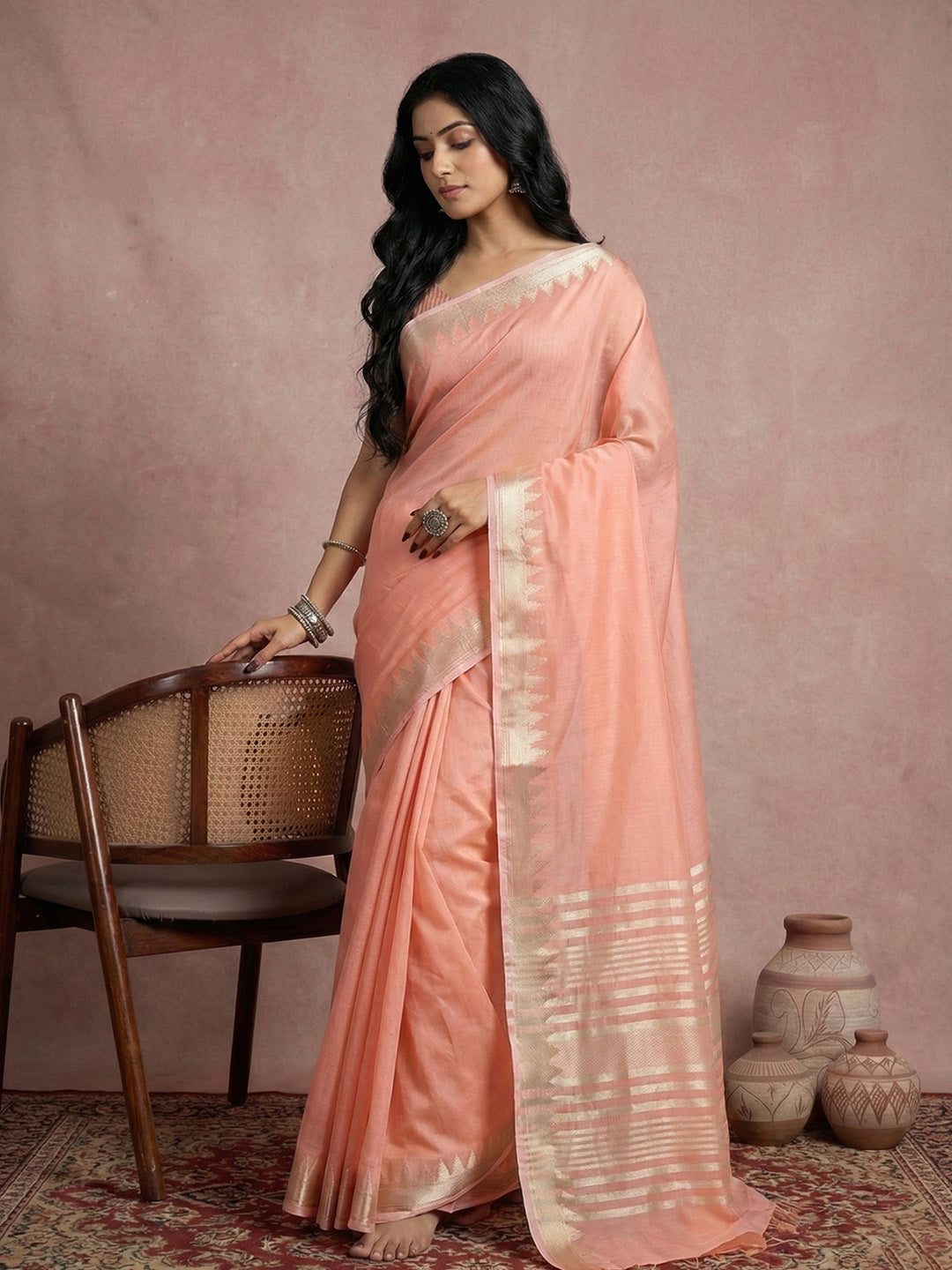 Anaita Peach Cotton Saree With Blouse - Distacart