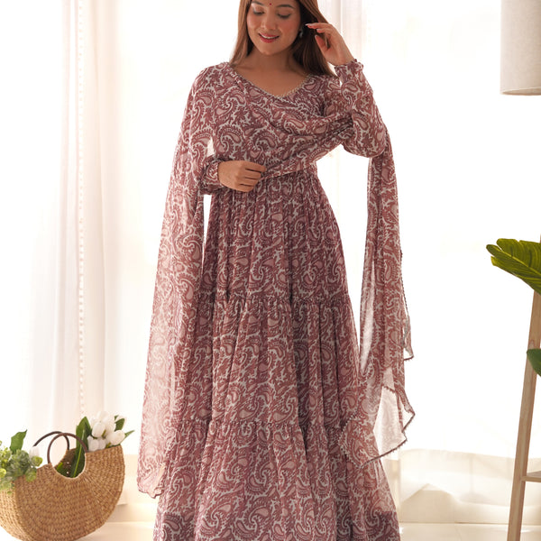 Lorenvalley Women Pure Soft Faux Georgette Floral Print Fully Flair Anarkali Kurta Pant With Dupatta Set - Peach - Distacart