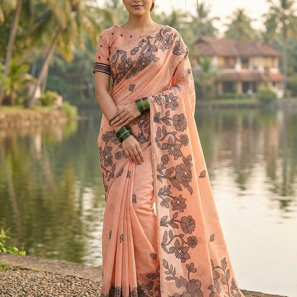Anaita Peach Linen Printed Saree With Blouse - Distacart