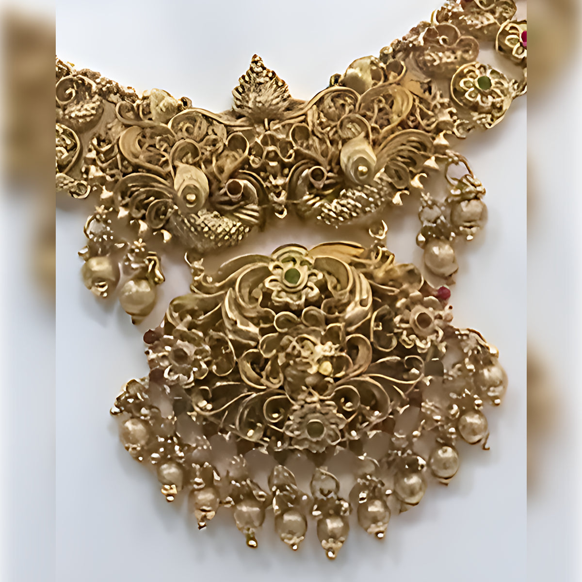 Jewel City Antique Gold-Plated Peacock Design Traditional Temple Choker Pearl Drops & Jhumka Earrings Necklace Jewelry Set