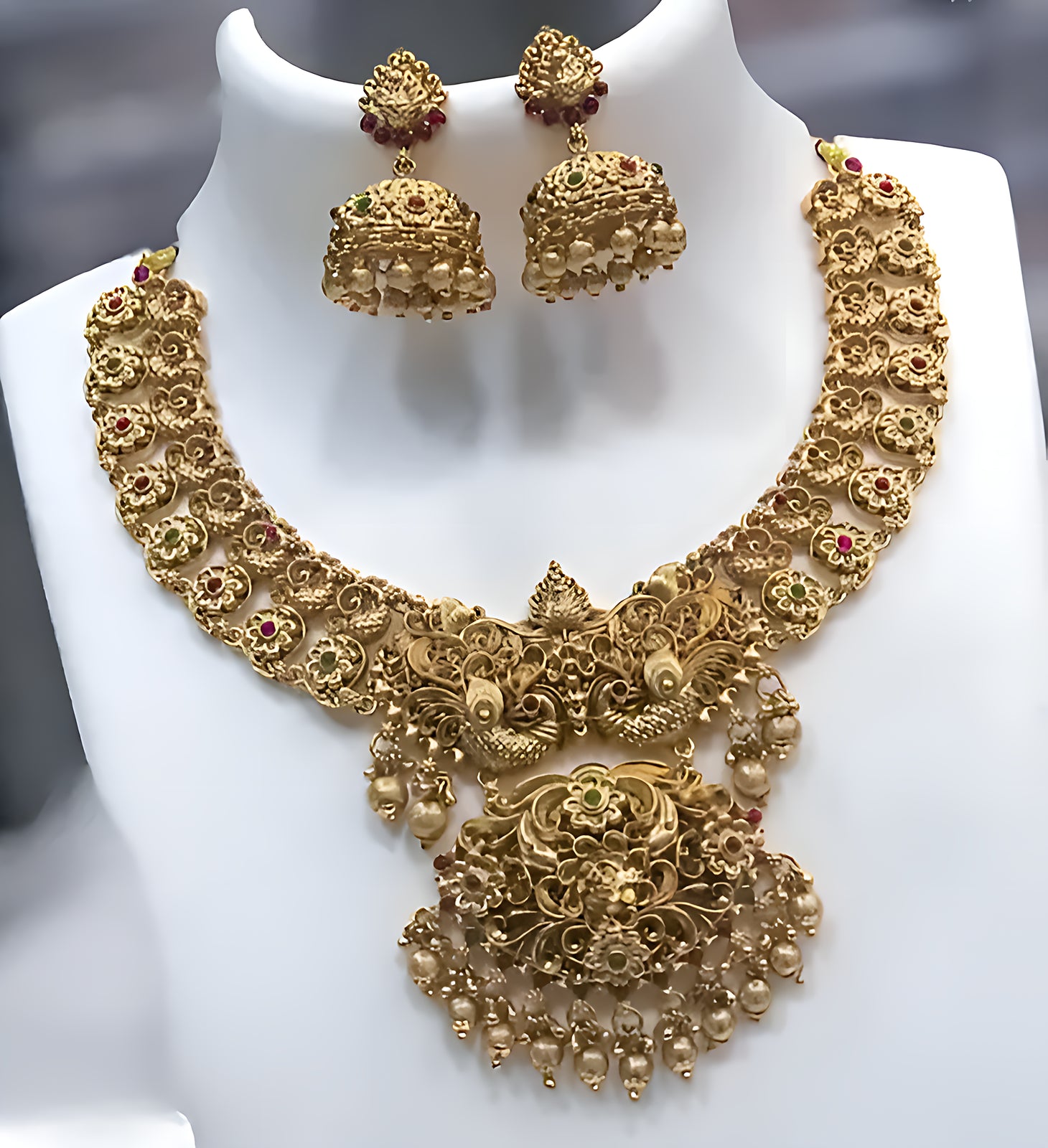 Jewel City Antique Gold-Plated Peacock Design Traditional Temple Choker Pearl Drops & Jhumka Earrings Necklace Jewelry Set