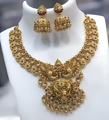 Jewel City Antique Gold-Plated Peacock Design Traditional Temple Choker Pearl Drops & Jhumka Earrings Necklace Jewelry Set - Distacart