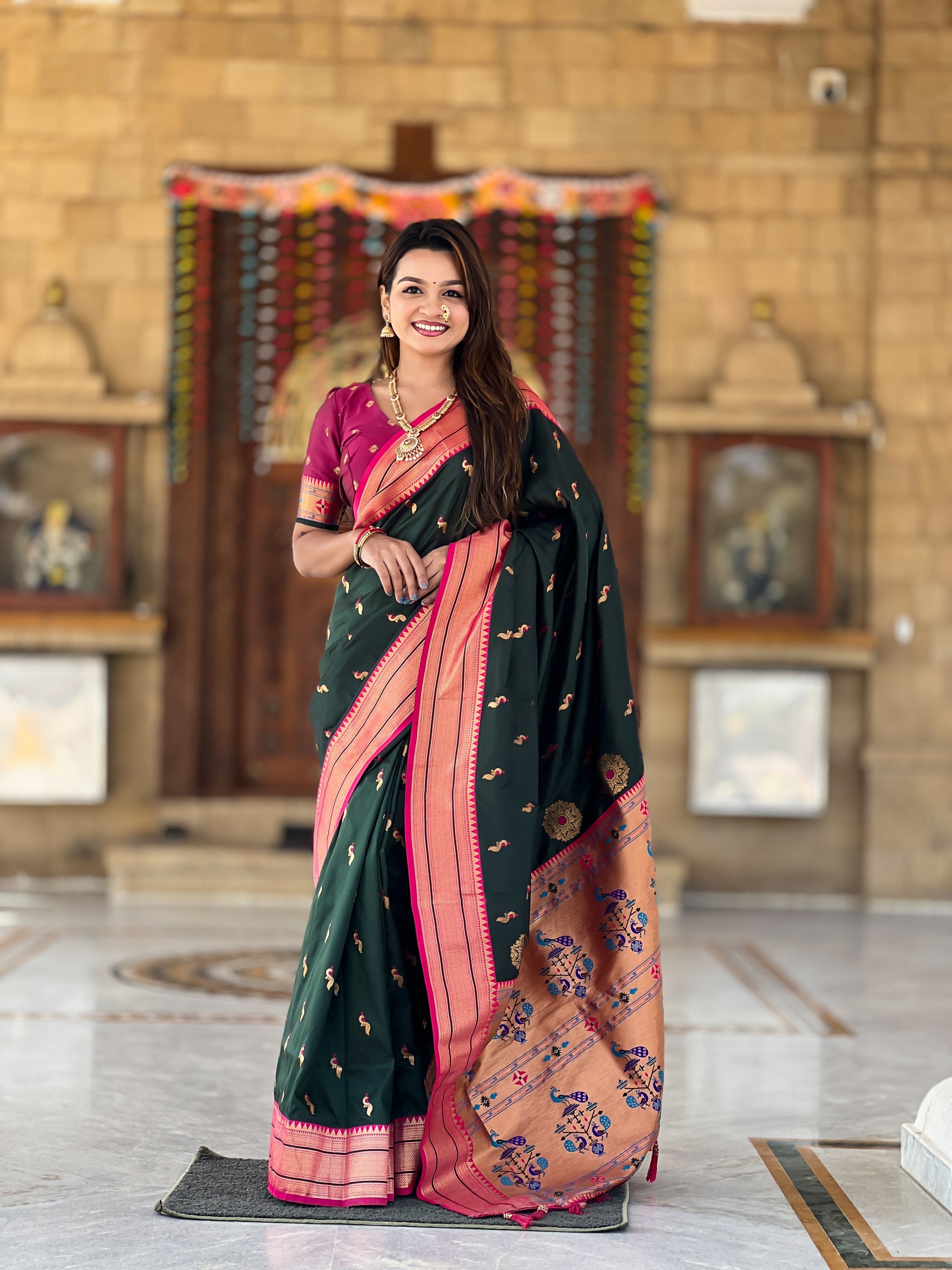 Vedant Vastram Soft Litchi Silk Paithani Jacquard Saree - Green - Dista