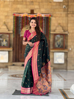 Thumbnail for Vedant Vastram Soft Litchi Silk Paithani Jacquard Saree - Green - Dista