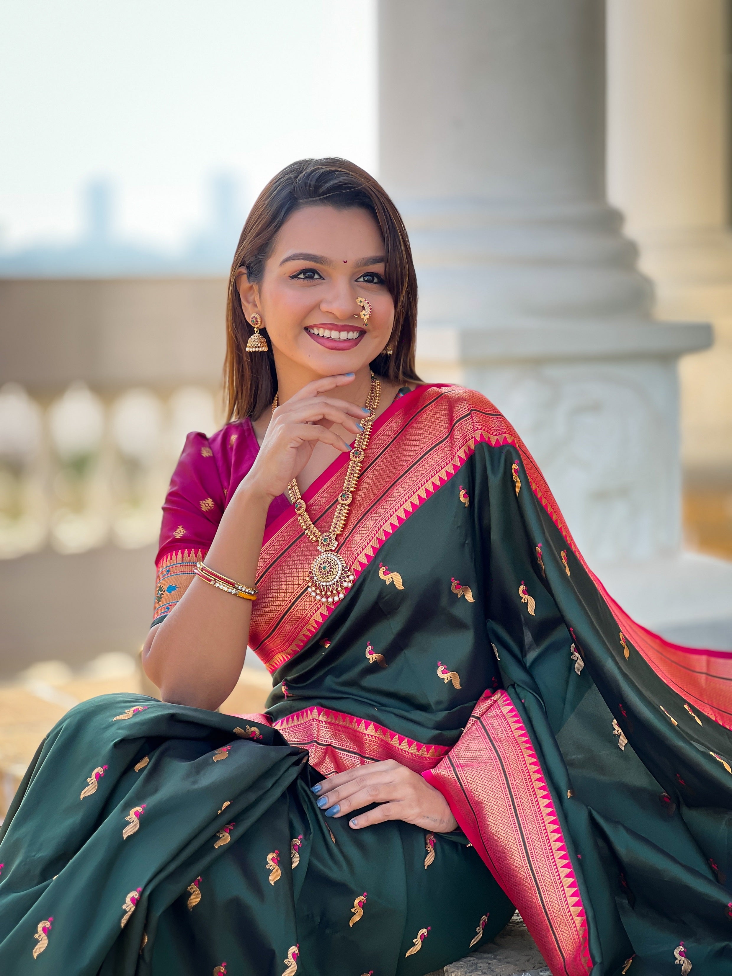 Vedant Vastram Soft Litchi Silk Paithani Jacquard Saree - Green - Dista