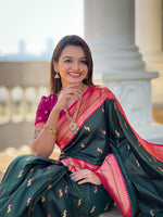 Thumbnail for Vedant Vastram Soft Litchi Silk Paithani Jacquard Saree - Green - Dista