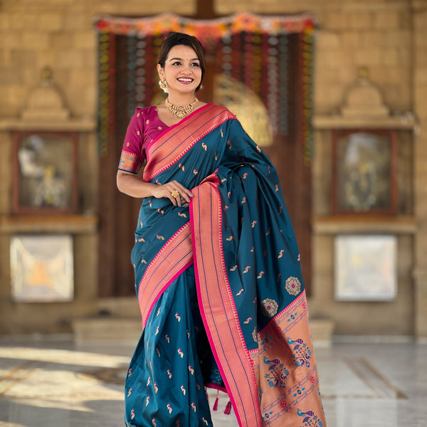 Vedant Vastram Soft Litchi Silk Paithani Jacquard Saree - Morpich - Dista
