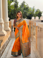 Thumbnail for Vedant Vastram Soft Litchi Silk Paithani Jacquard Saree - Orange - Dista