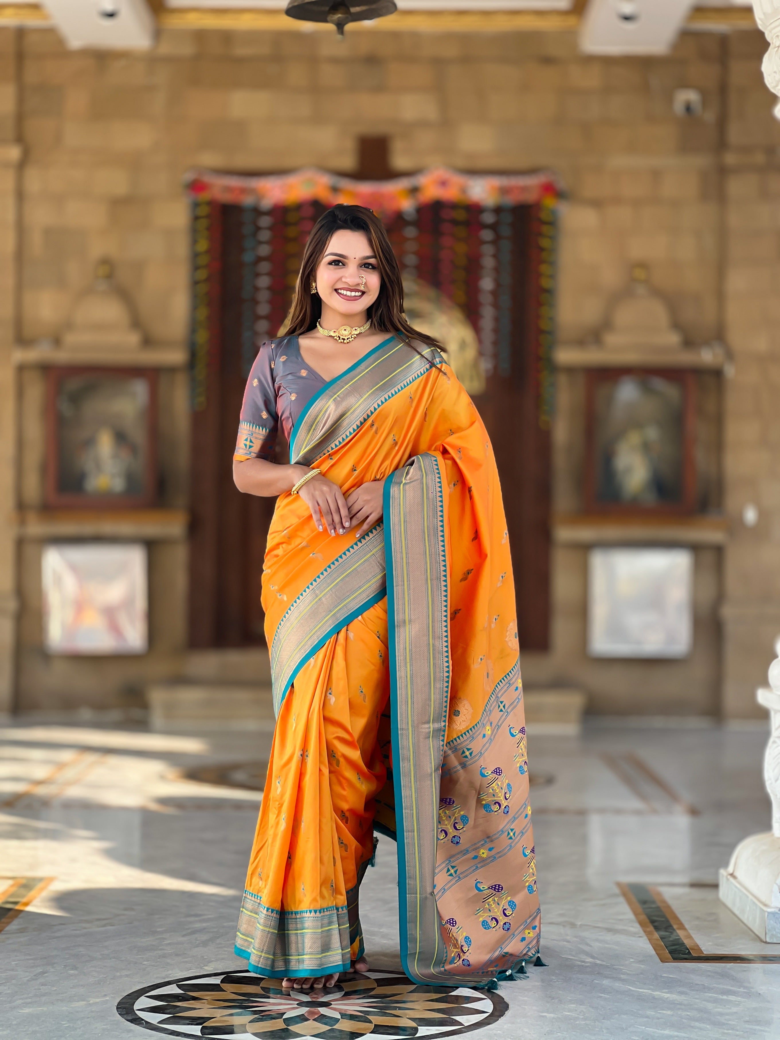 Vedant Vastram Soft Litchi Silk Paithani Jacquard Saree - Orange