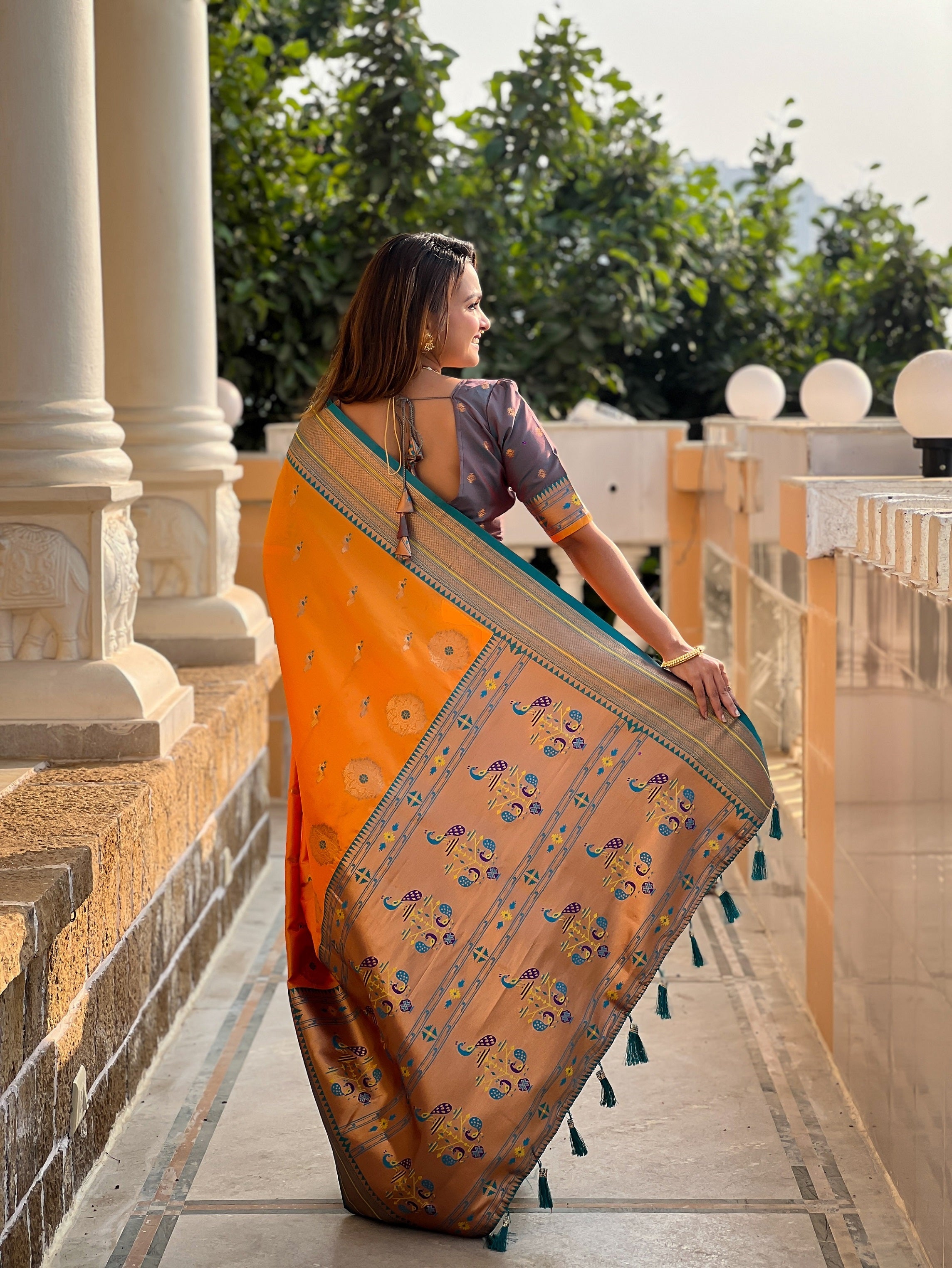 Vedant Vastram Soft Litchi Silk Paithani Jacquard Saree - Orange - Dista