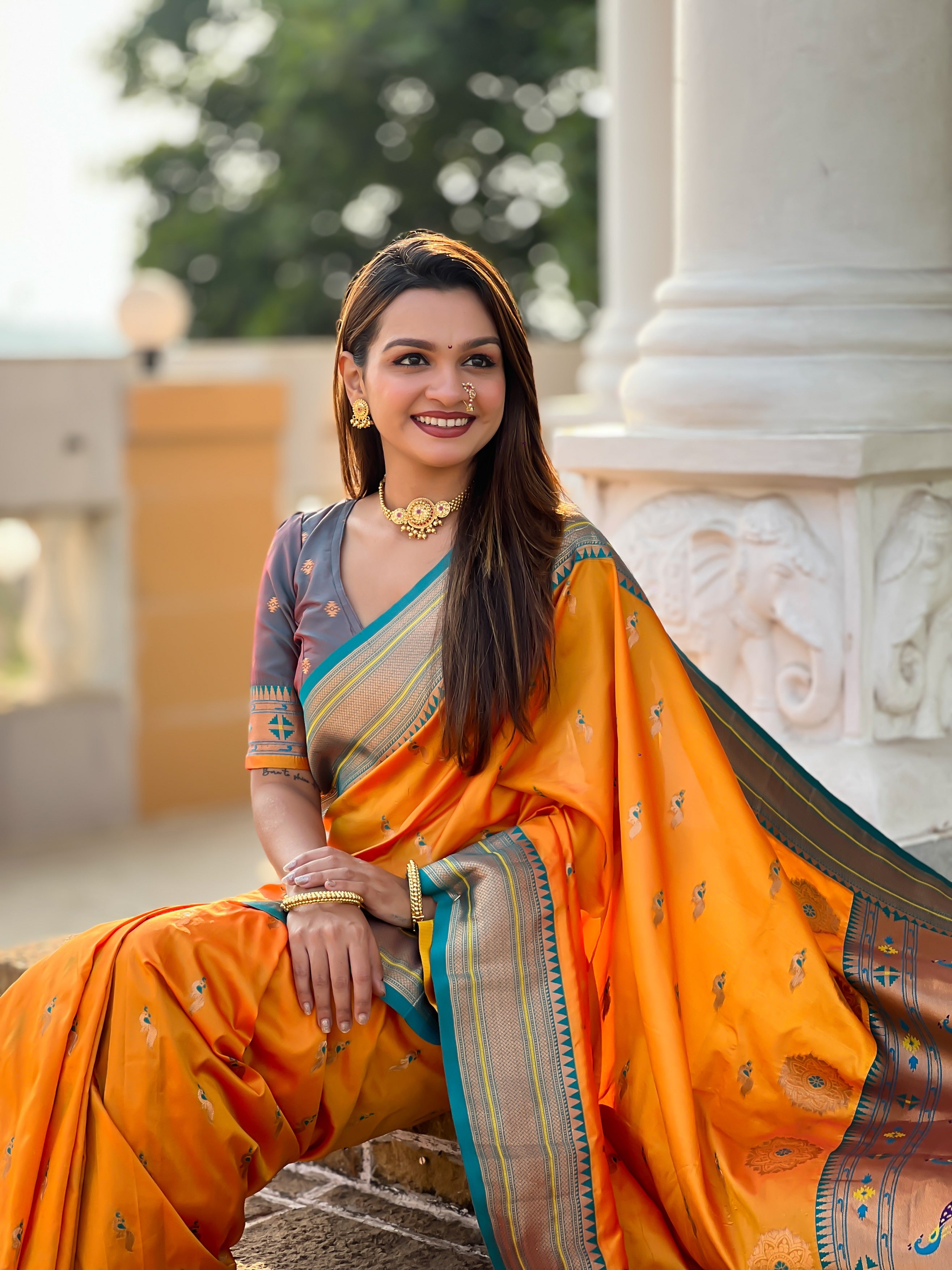 Vedant Vastram Soft Litchi Silk Paithani Jacquard Saree - Orange - Dista