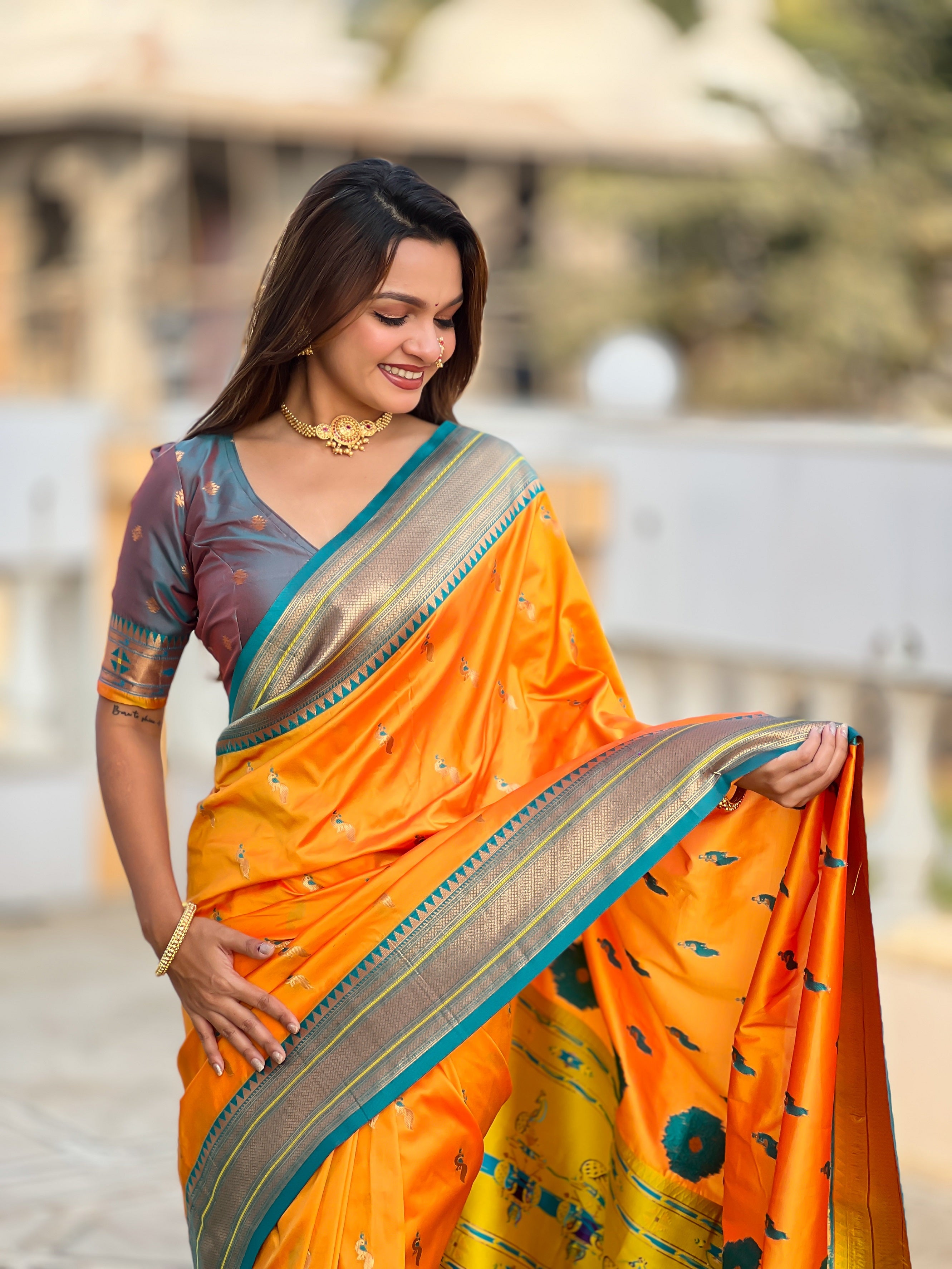 Vedant Vastram Soft Litchi Silk Paithani Jacquard Saree - Orange - Dista