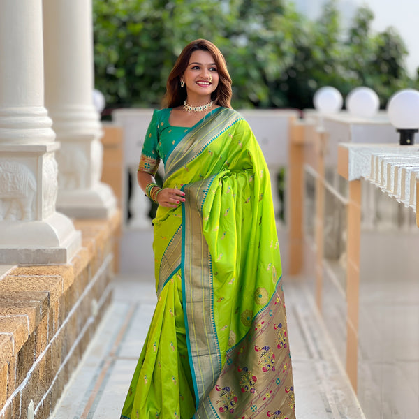 Vedant Vastram Soft Litchi Silk Paithani Jacquard Saree - Parrot - Dista