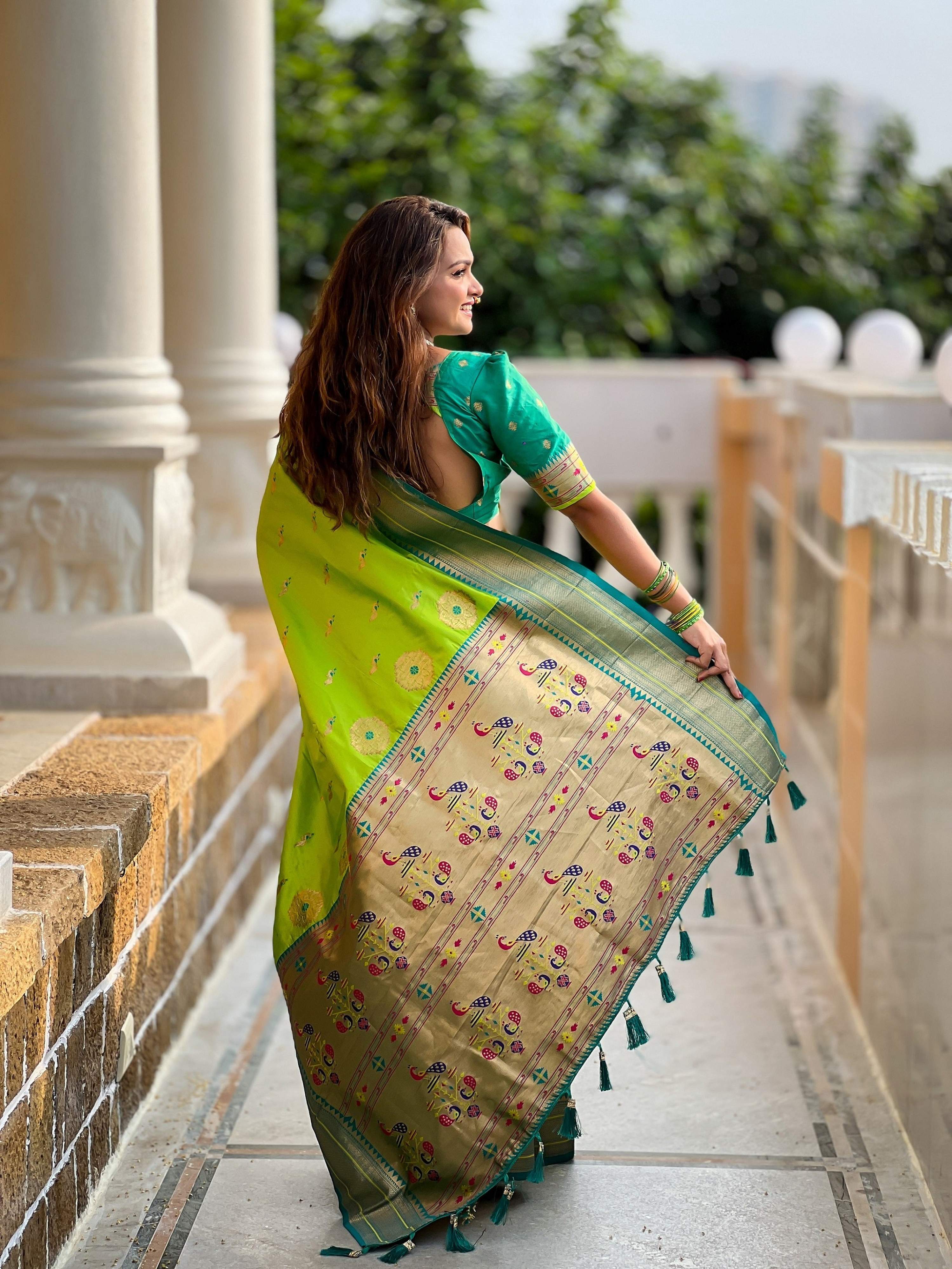 Vedant Vastram Soft Litchi Silk Paithani Jacquard Saree - Parrot - Dista