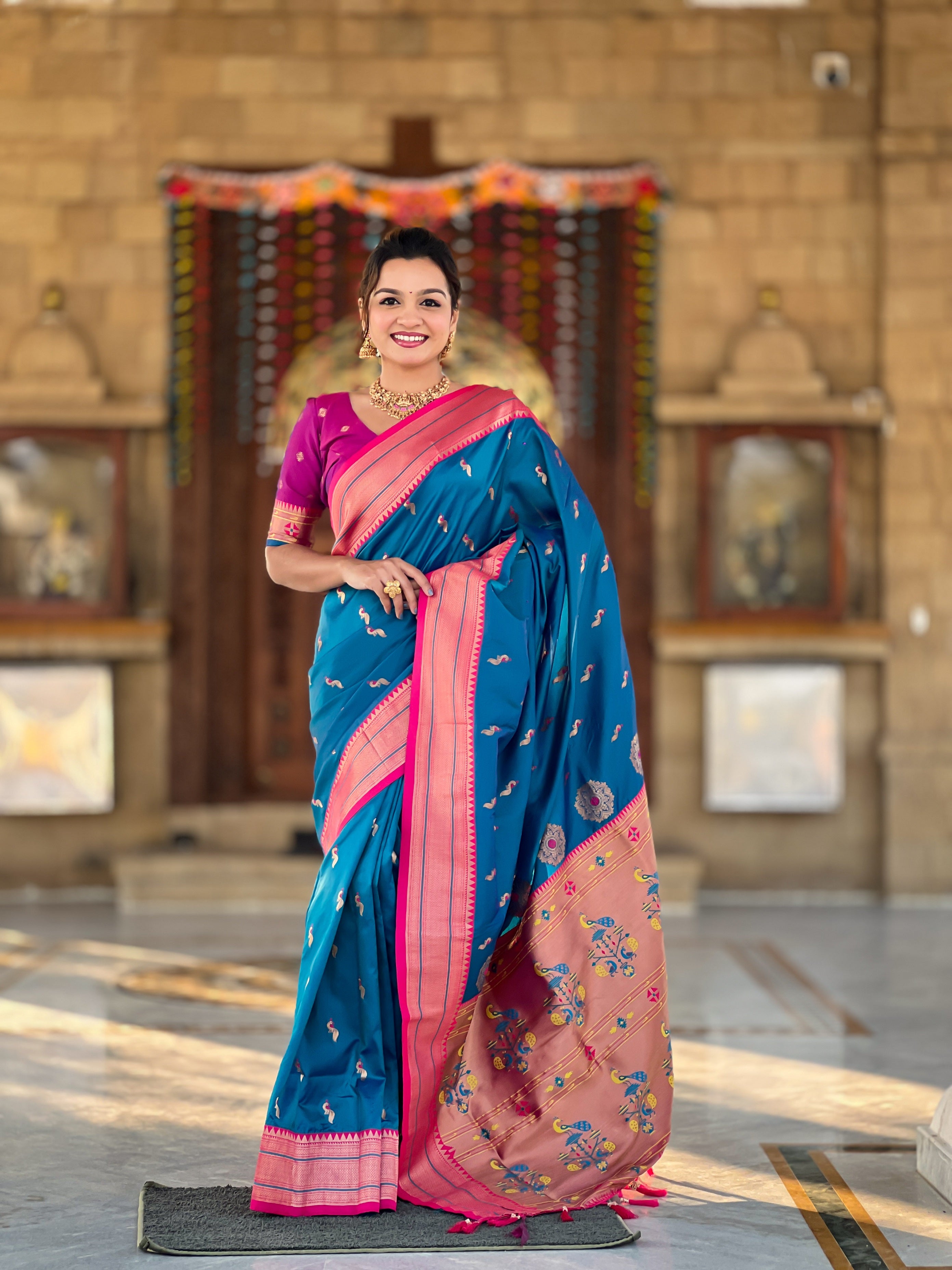 Vedant Vastram Soft Litchi Silk Paithani Jacquard Saree - Skyblue - Dista