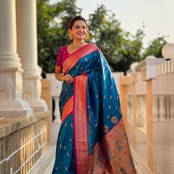 Vedant Vastram Soft Litchi Silk Paithani Jacquard Saree - Skyblue - Dista