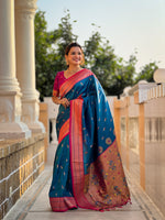 Thumbnail for Vedant Vastram Soft Litchi Silk Paithani Jacquard Saree - Skyblue - Dista