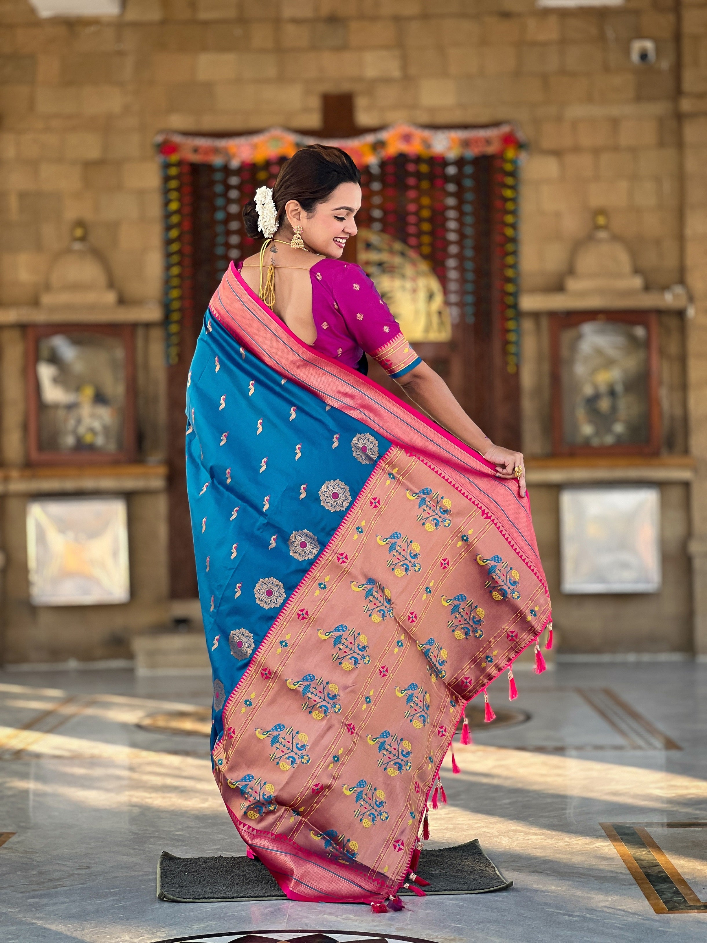 Vedant Vastram Soft Litchi Silk Paithani Jacquard Saree - Skyblue - Dista