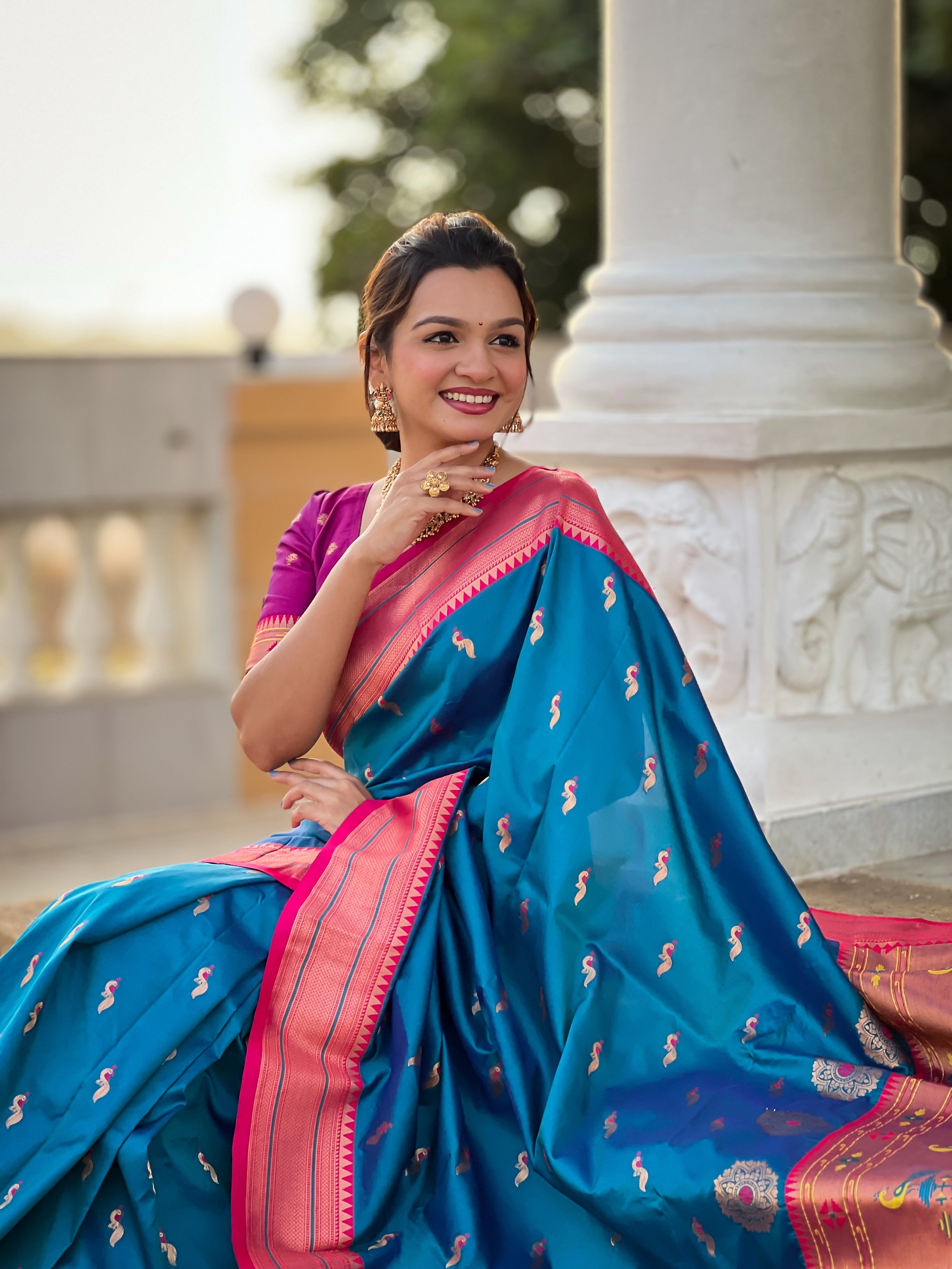 Vedant Vastram Soft Litchi Silk Paithani Jacquard Saree - Skyblue - Dista