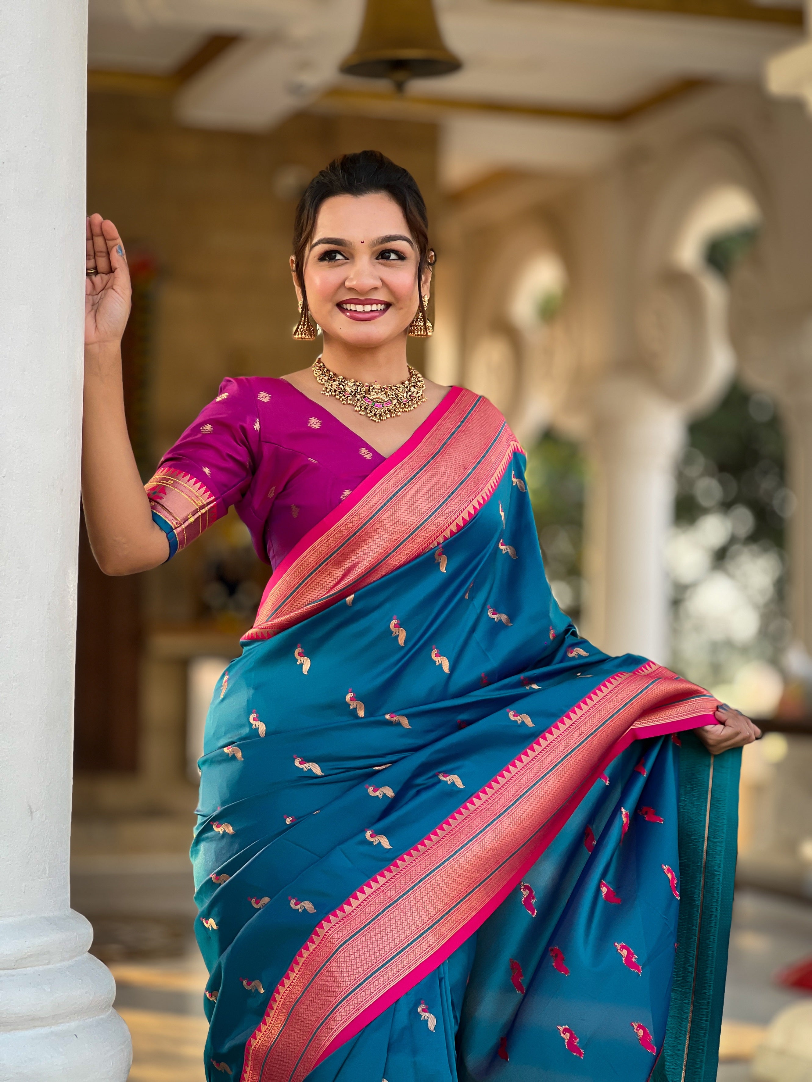Vedant Vastram Soft Litchi Silk Paithani Jacquard Saree - Skyblue - Dista