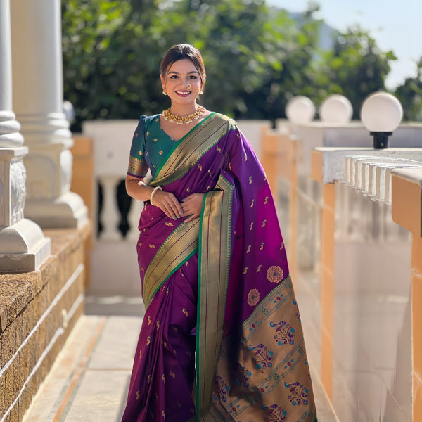 Vedant Vastram Soft Litchi Silk Paithani Jacquard Saree - Wine - Dista