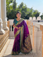 Thumbnail for Vedant Vastram Soft Litchi Silk Paithani Jacquard Saree - Wine - Dista
