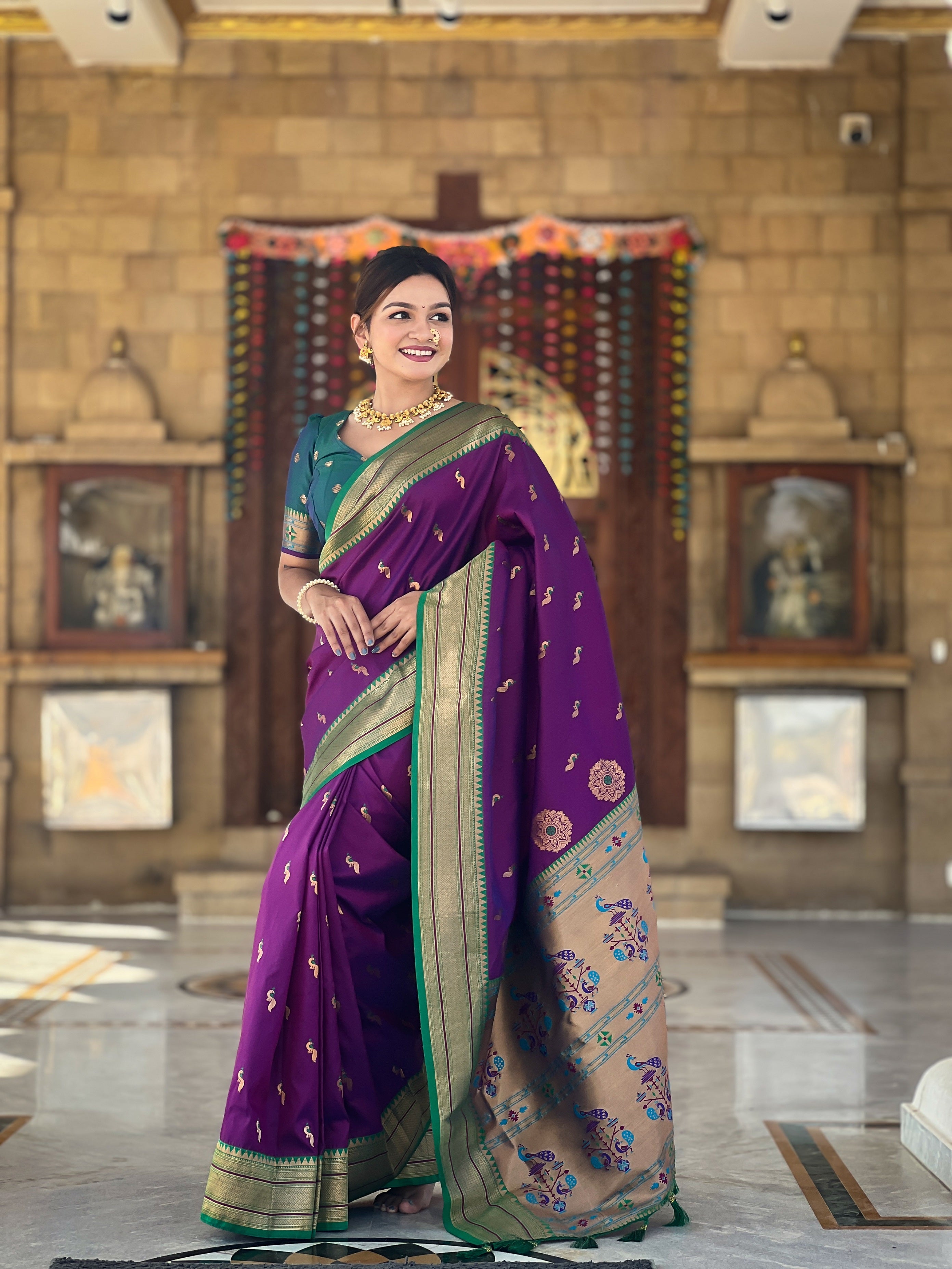 Vedant Vastram Soft Litchi Silk Paithani Jacquard Saree - Wine - Dista