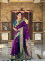 Thumbnail for Vedant Vastram Soft Litchi Silk Paithani Jacquard Saree - Wine - Dista