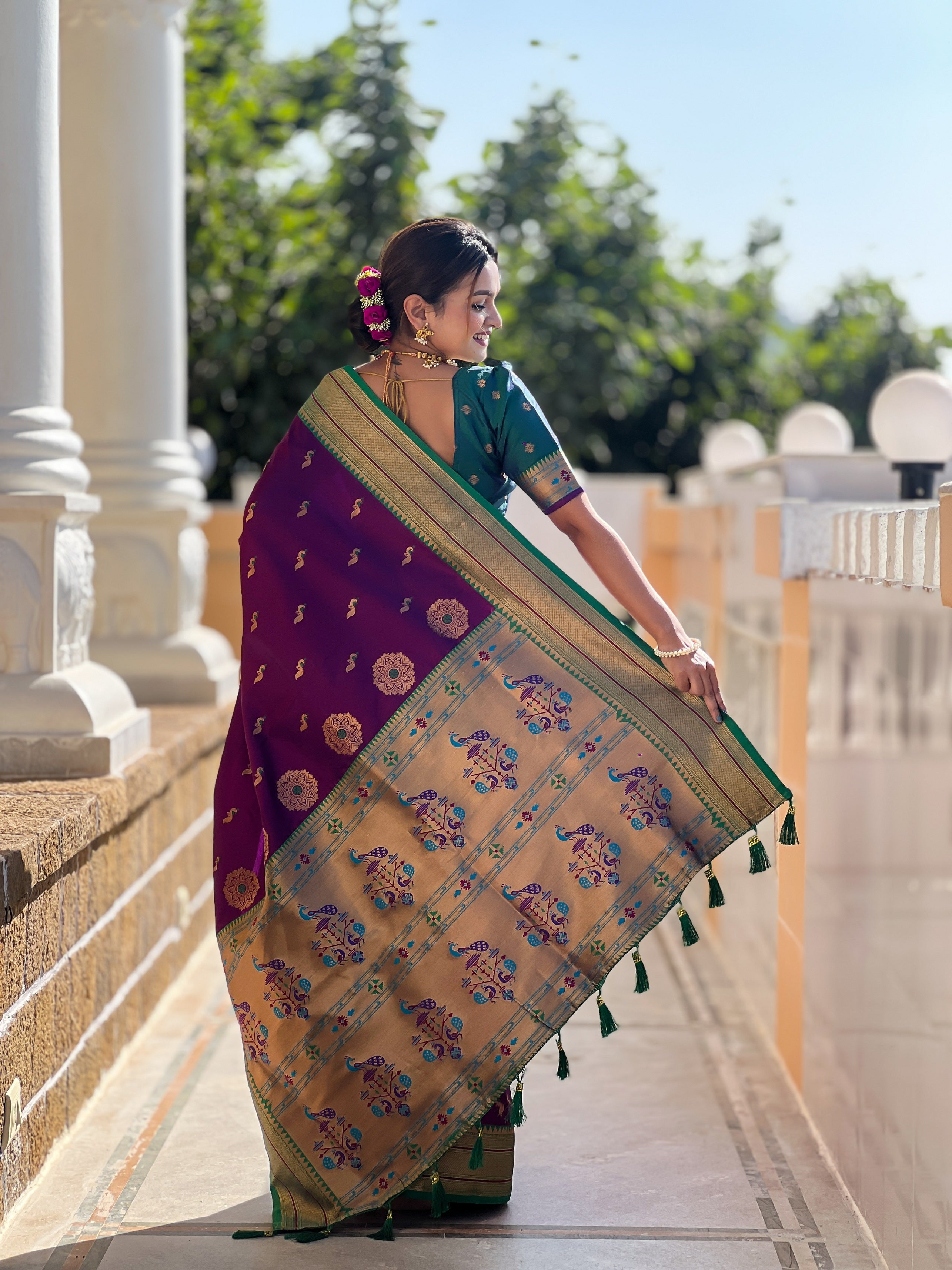 Vedant Vastram Soft Litchi Silk Paithani Jacquard Saree - Wine - Dista