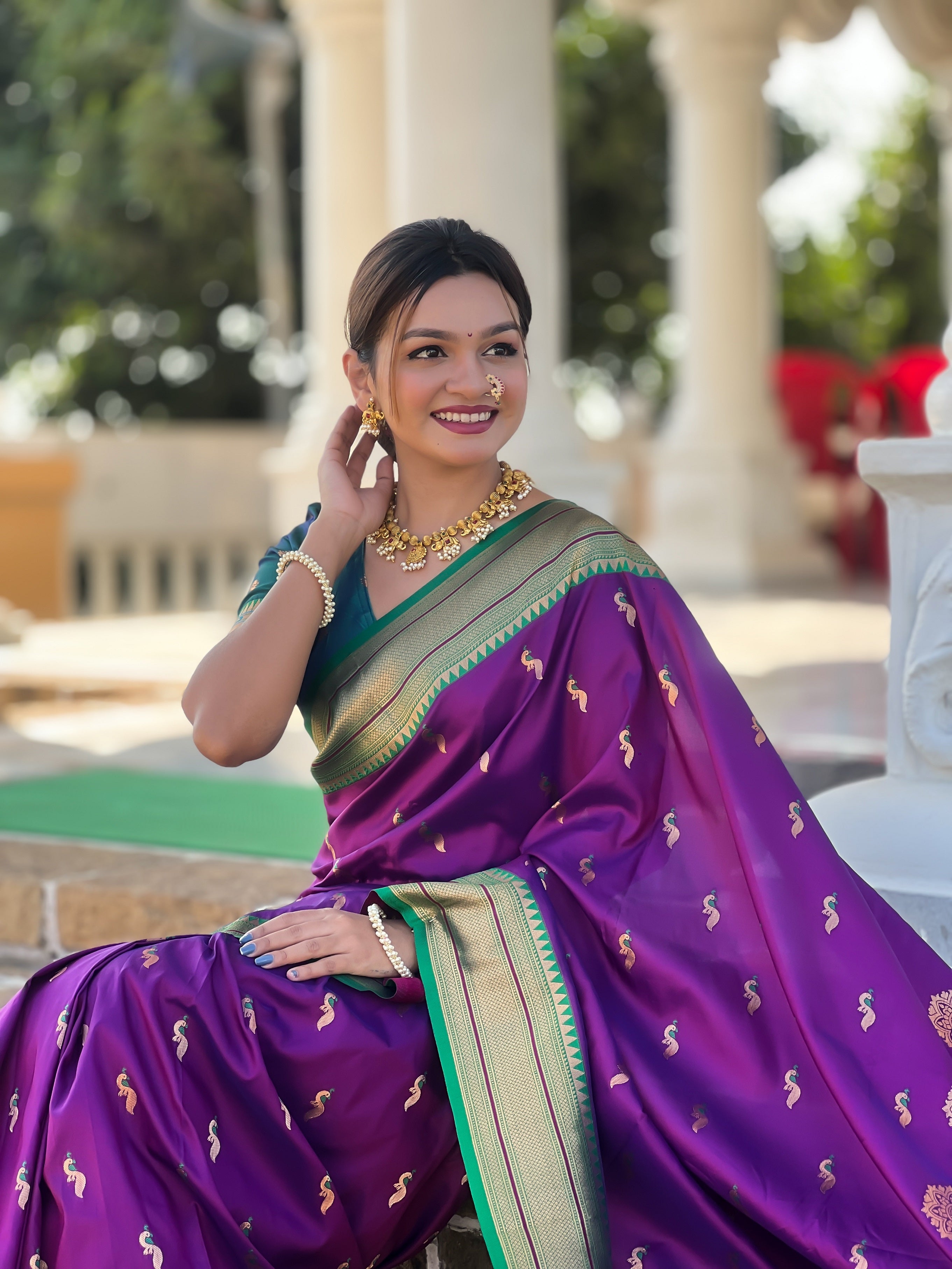 Vedant Vastram Soft Litchi Silk Paithani Jacquard Saree - Wine - Dista