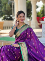 Thumbnail for Vedant Vastram Soft Litchi Silk Paithani Jacquard Saree - Wine - Dista