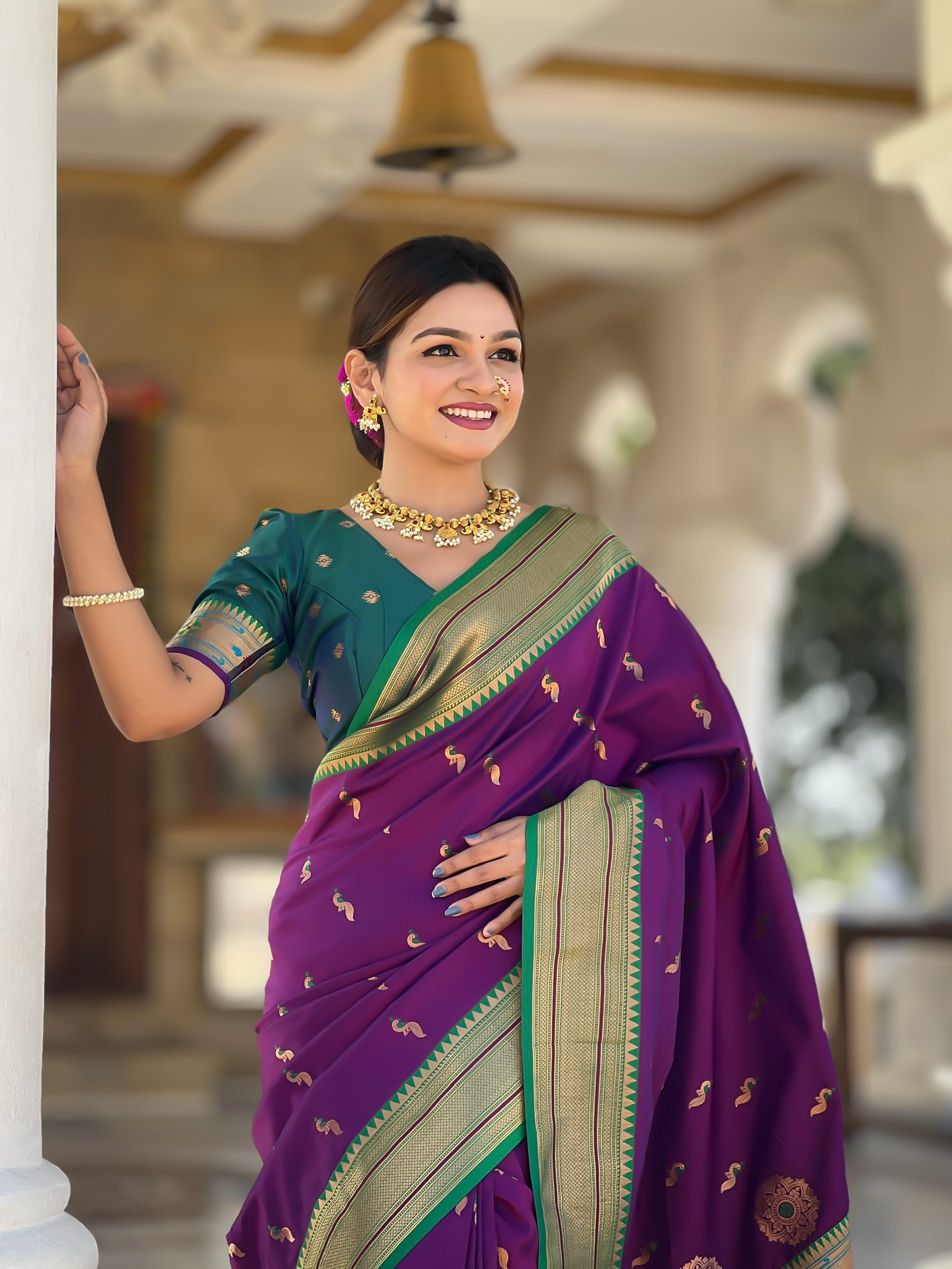 Vedant Vastram Soft Litchi Silk Paithani Jacquard Saree - Wine - Dista